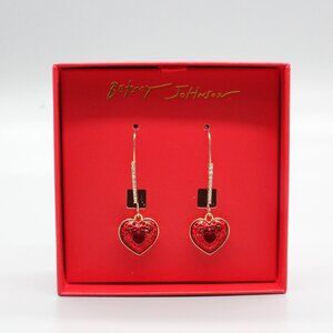 Betsey Johnson Gold-Tone “One Love” Red Crystal Heart Drop Earrings | NWOT